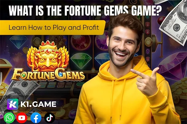 Fortune Gems slot game interface showing reels with colorful gemstones and bonus symbols.