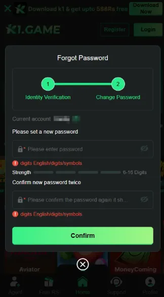 K1 Game Forgot Password Interface