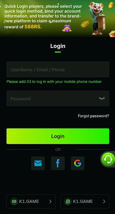 K1 Game Forgot Password Interface